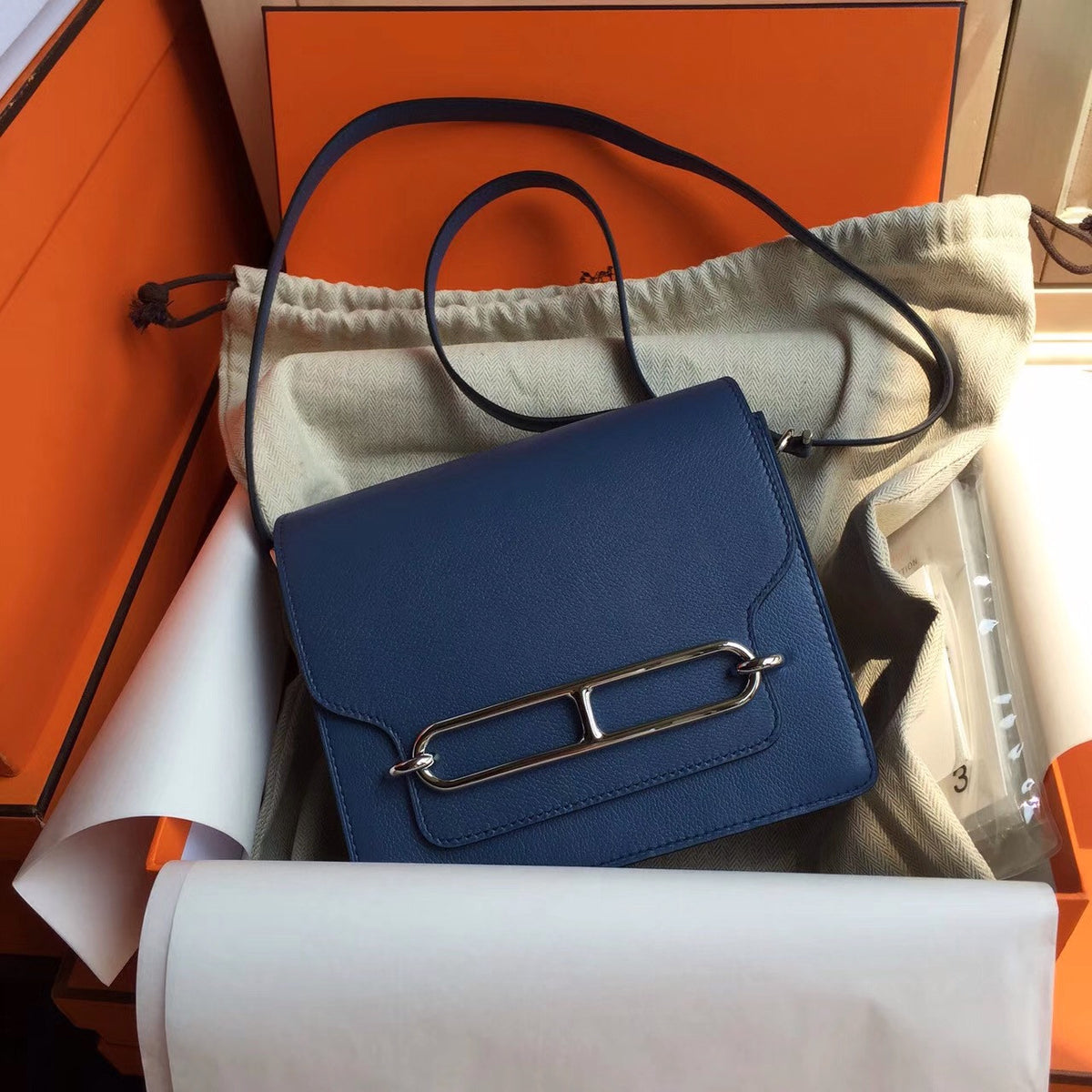 Hermes R2 Blue Agate Evercolor Calfskin Mini Roulis Bag(New Color)