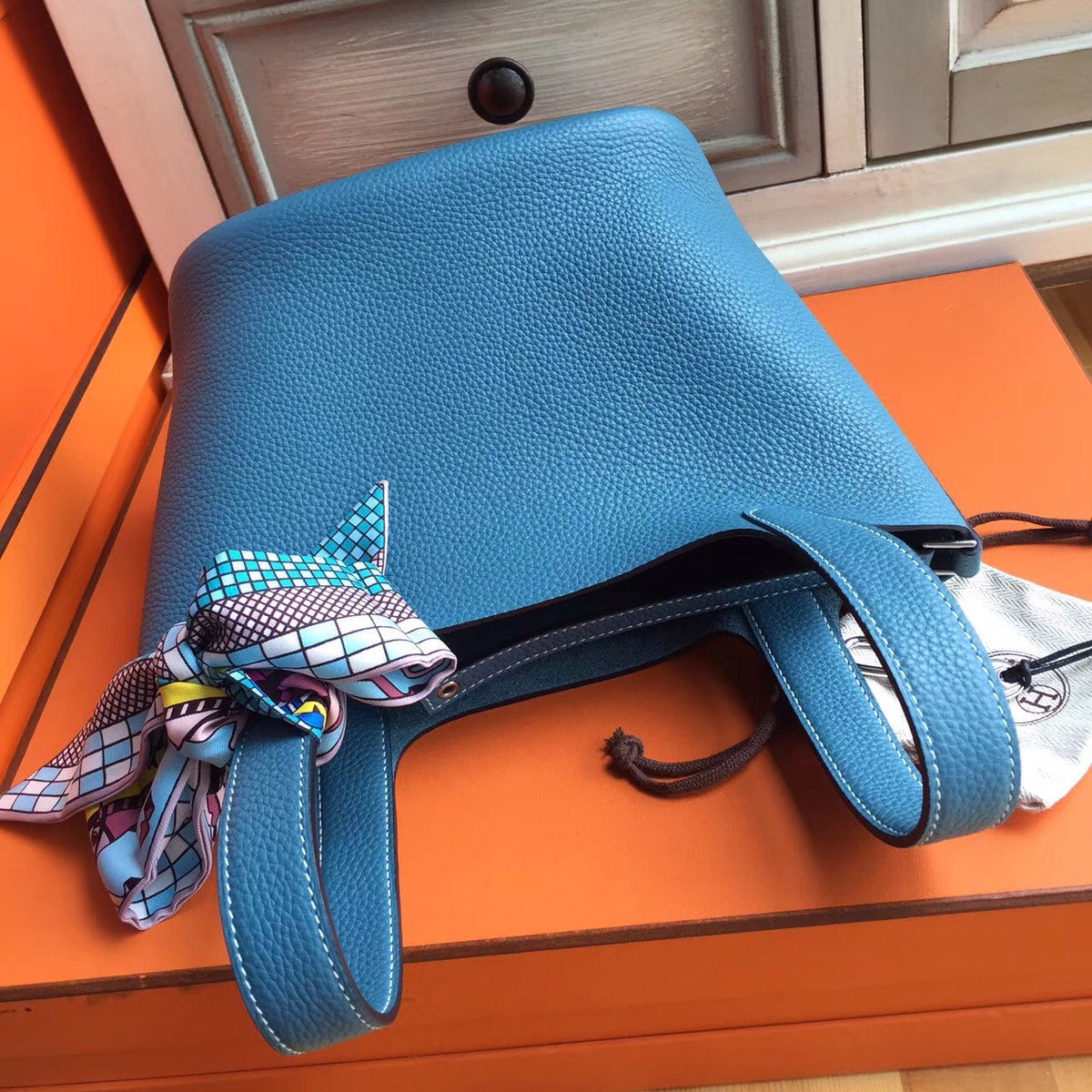 Hermes 75 Blue Jean Picotin Lock 18 Togo Leather Bag