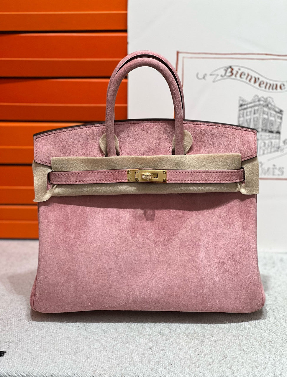 Hermes Birkin 25 Doblis Bag Pink Suede Gold Hardware Hermes