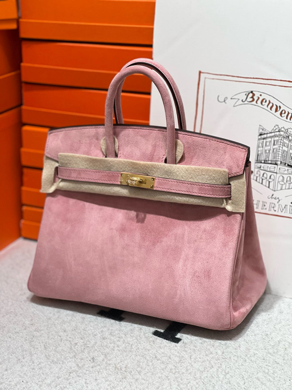 Hermes Birkin 25 Doblis Bag Pink Suede Gold Hardware Hermes