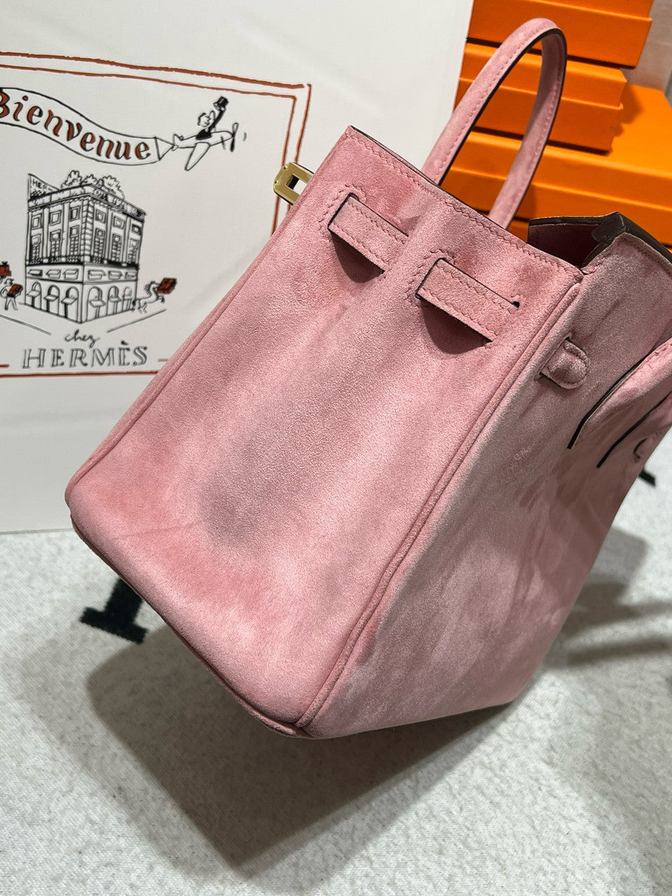 Hermes Birkin 25 Doblis Bag Pink Suede Gold Hardware Hermes