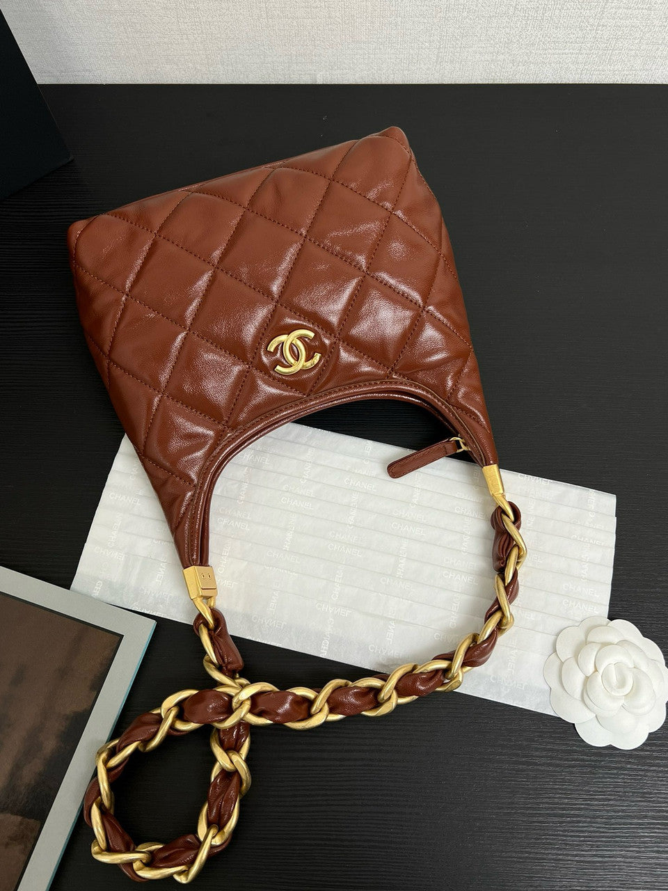 CHANEL SMALL HOBO BAG Brown Shiny Lambskin
