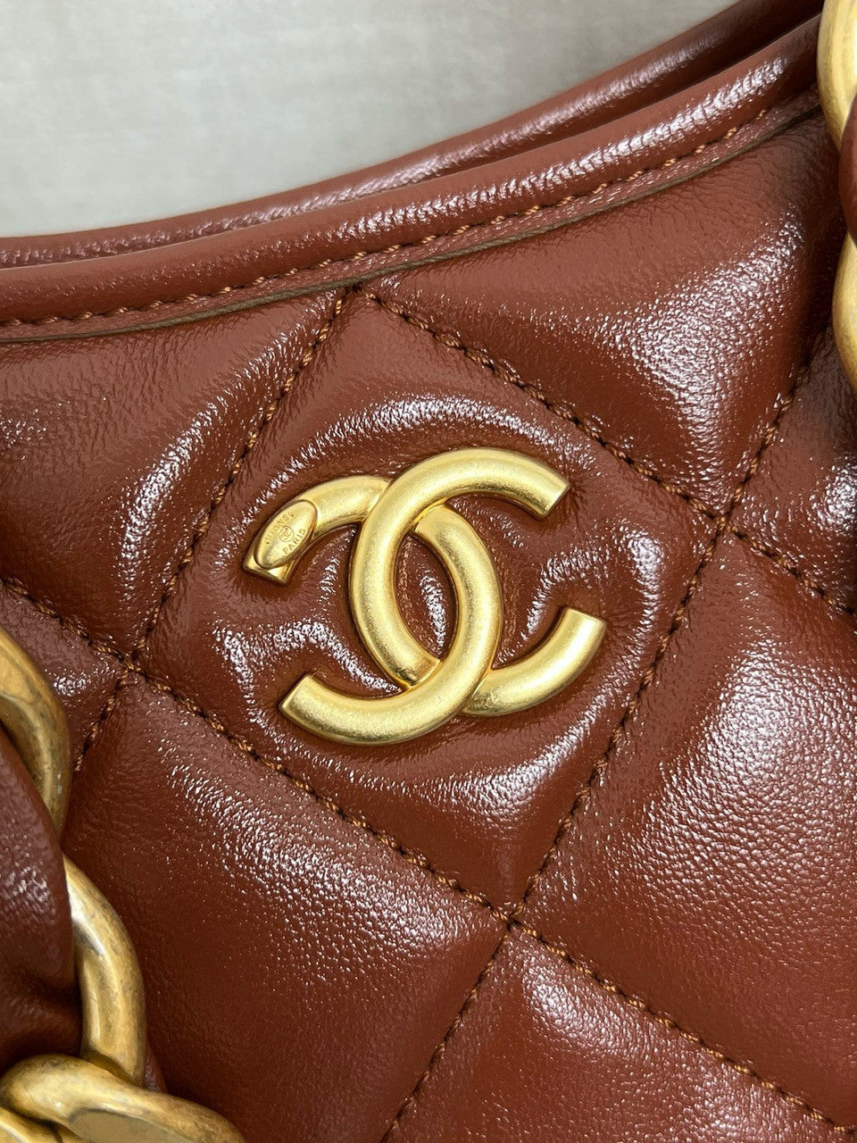 CHANEL SMALL HOBO BAG Brown Shiny Lambskin