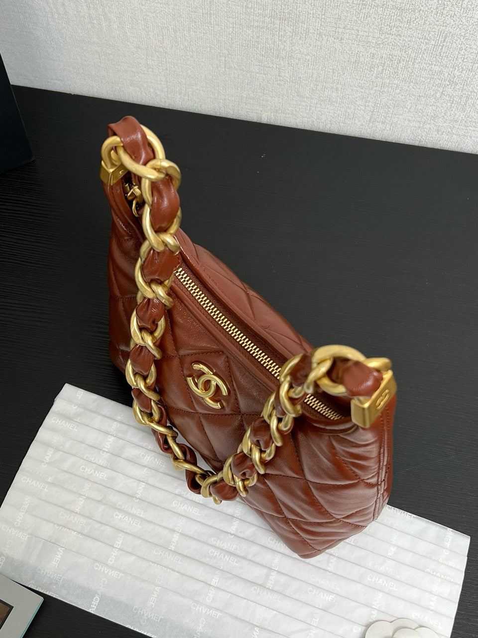 CHANEL SMALL HOBO BAG Brown Shiny Lambskin