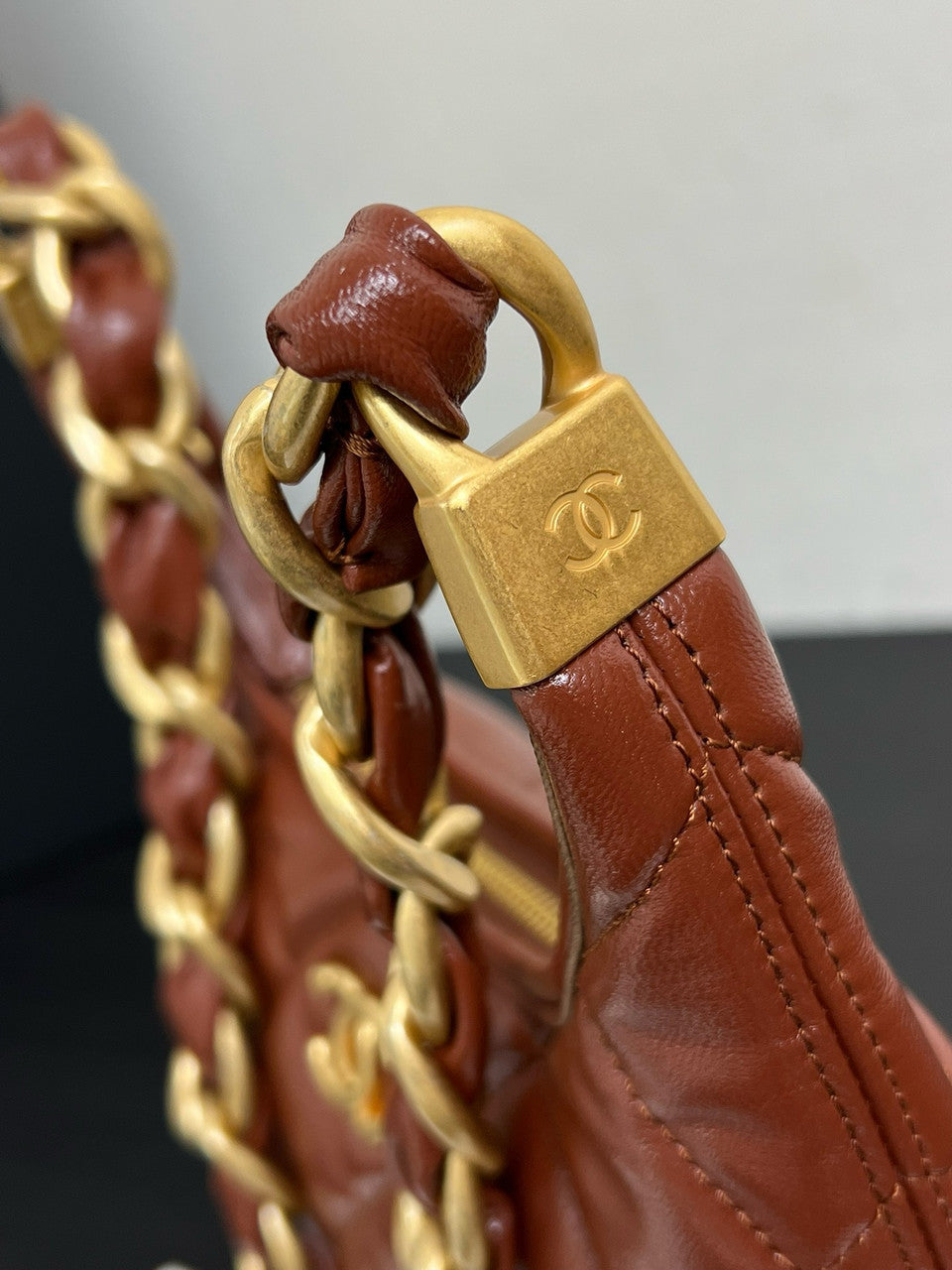 CHANEL SMALL HOBO BAG Brown Shiny Lambskin