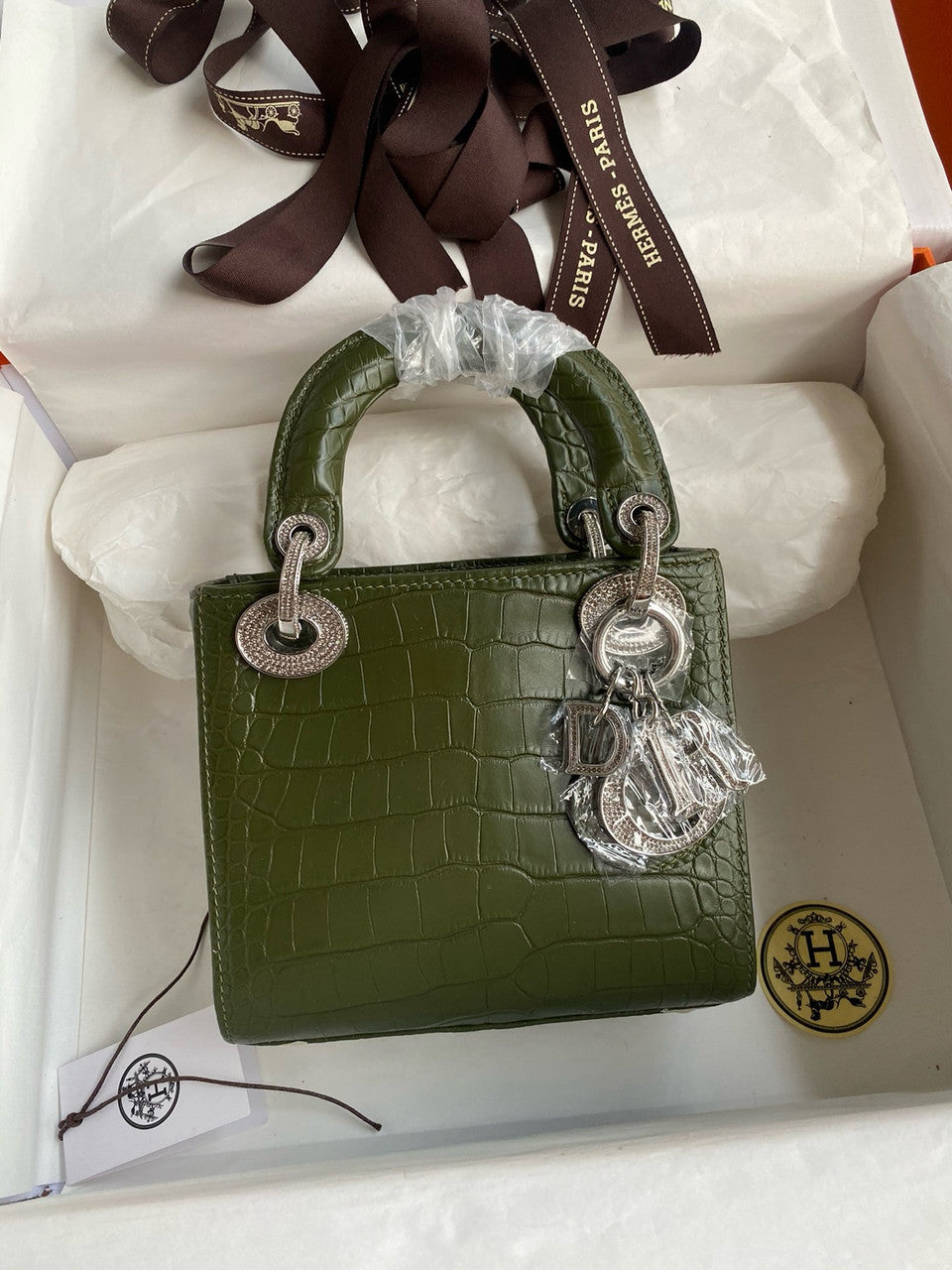 Christian Dior Lady Dior Mini Crocodile Crystal Hardware Green Christian Dior