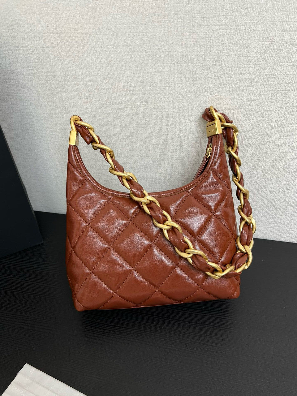 CHANEL SMALL HOBO BAG Brown Shiny Lambskin