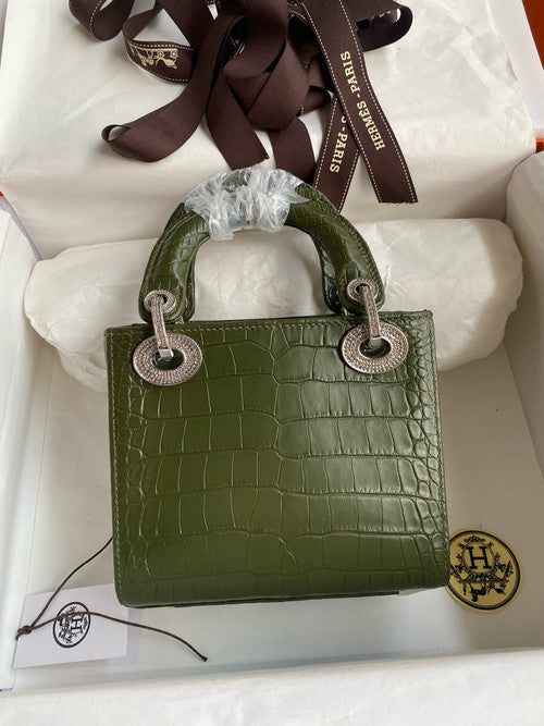 Christian Dior Lady Dior Mini Crocodile Crystal Hardware Green Christian Dior