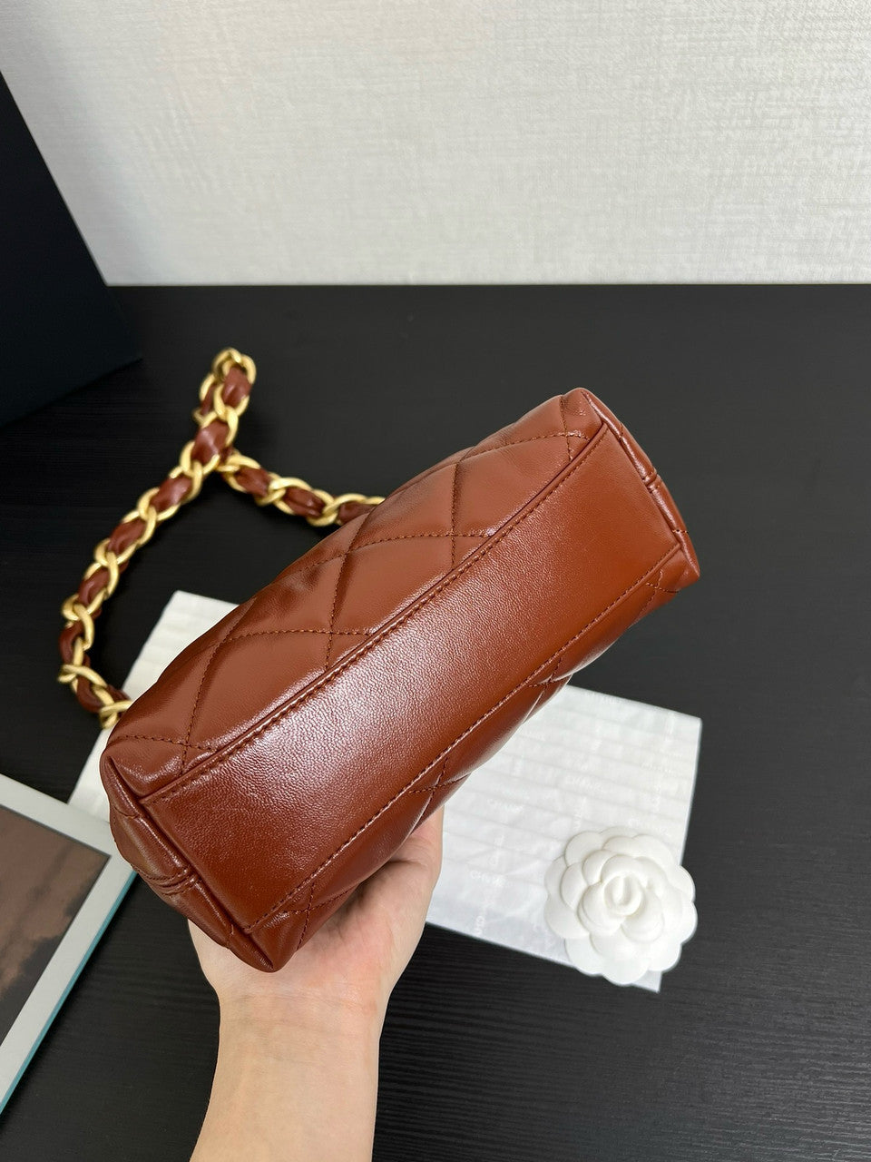 CHANEL SMALL HOBO BAG Brown Shiny Lambskin