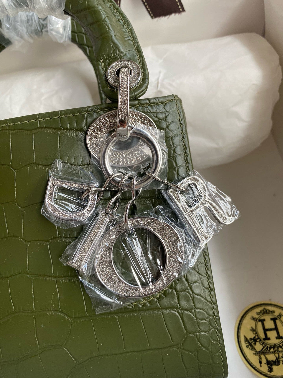 Christian Dior Lady Dior Mini Crocodile Crystal Hardware Green Christian Dior