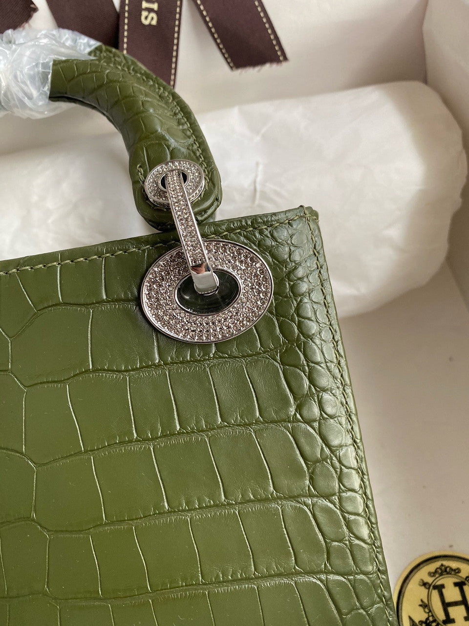 Christian Dior Lady Dior Mini Crocodile Crystal Hardware Green Christian Dior