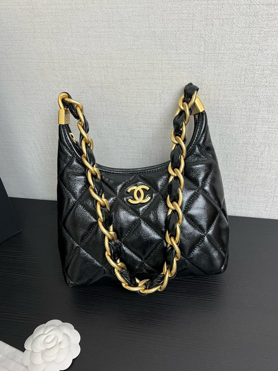 CHANEL SMALL HOBO BAG Black Shiny Lambskin