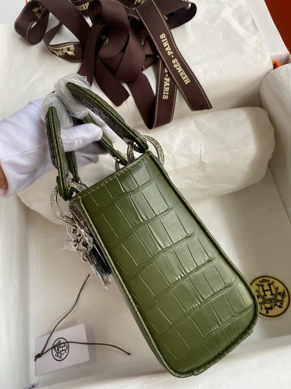 Christian Dior Lady Dior Mini Crocodile Crystal Hardware Green Christian Dior