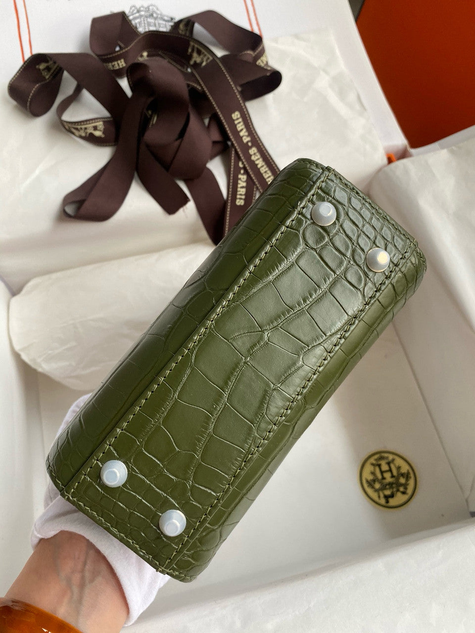 Christian Dior Lady Dior Mini Crocodile Crystal Hardware Green Christian Dior