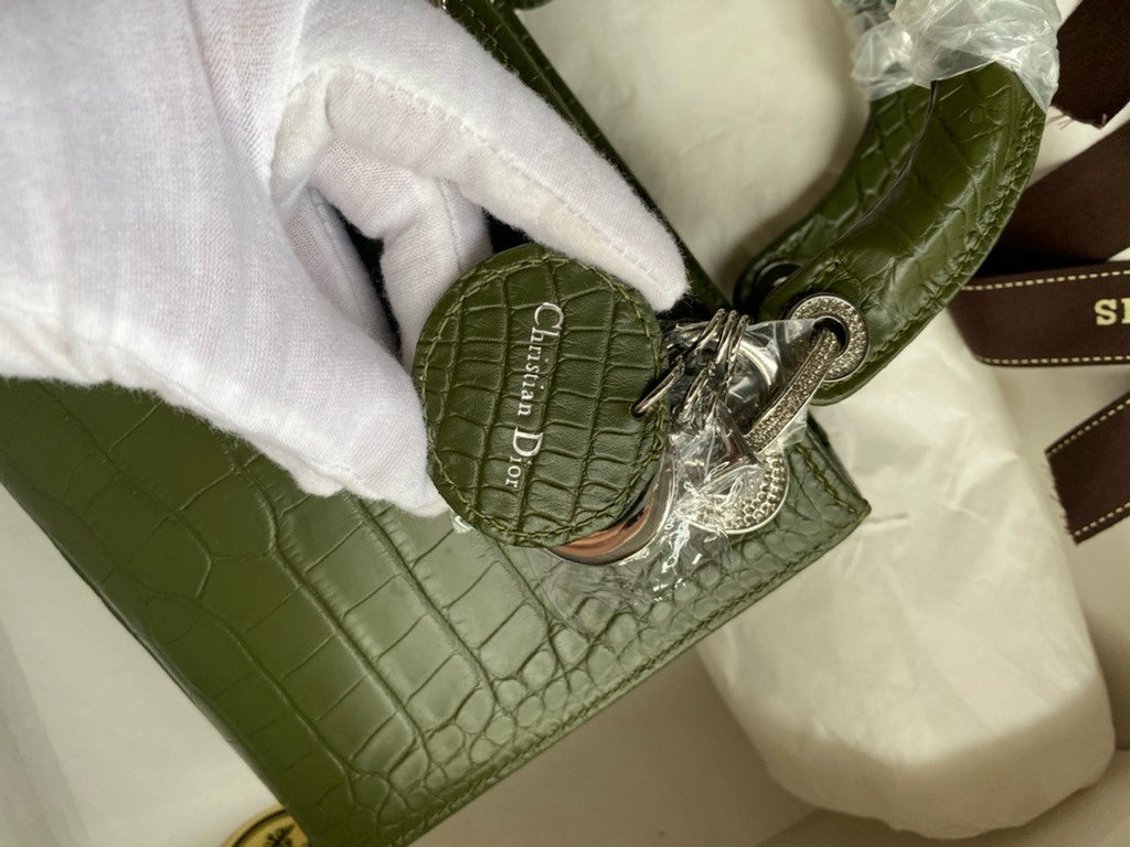 Christian Dior Lady Dior Mini Crocodile Crystal Hardware Green Christian Dior