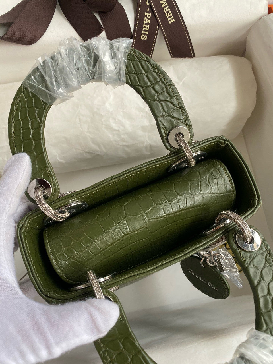 Christian Dior Lady Dior Mini Crocodile Crystal Hardware Green Christian Dior