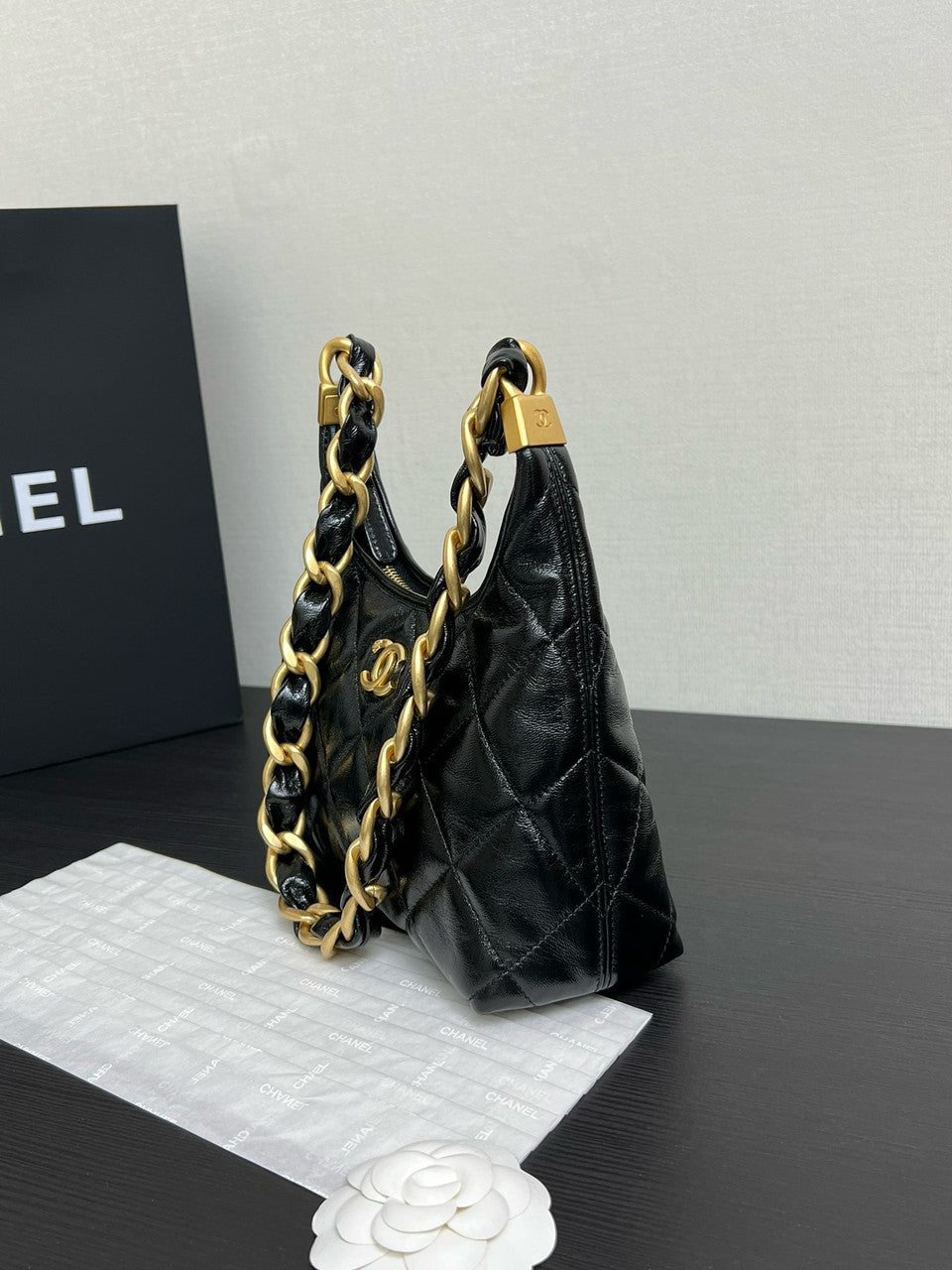 CHANEL SMALL HOBO BAG Black Shiny Lambskin