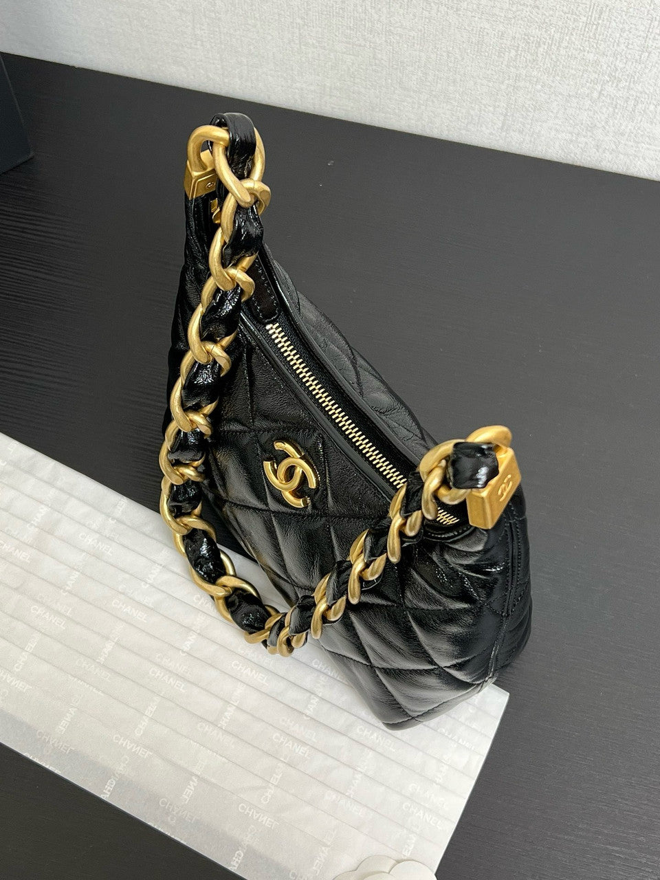 CHANEL SMALL HOBO BAG Black Shiny Lambskin