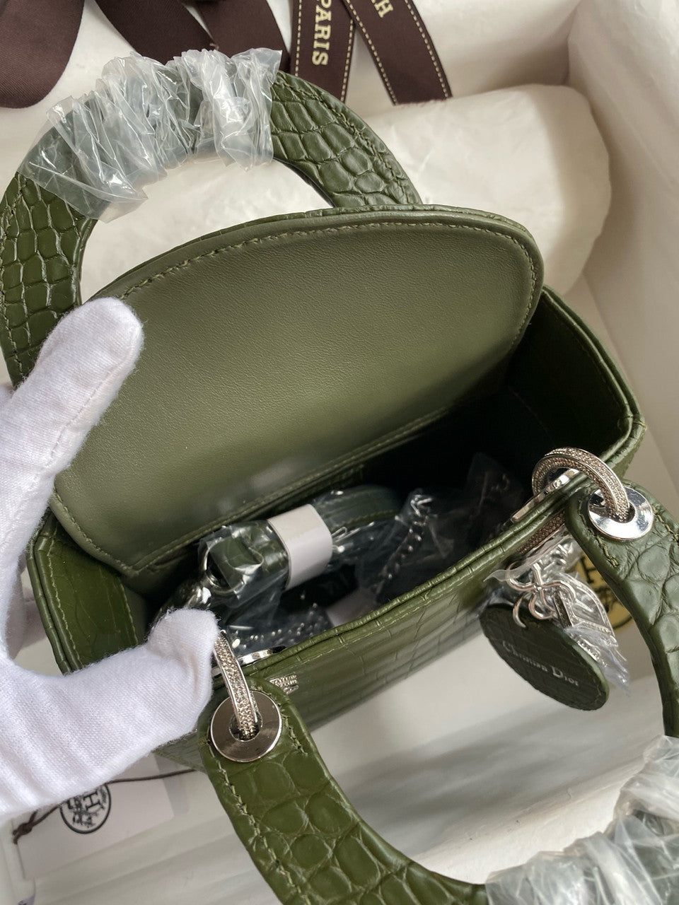 Christian Dior Lady Dior Mini Crocodile Crystal Hardware Green Christian Dior