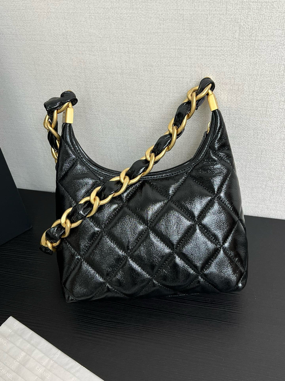 CHANEL SMALL HOBO BAG Black Shiny Lambskin
