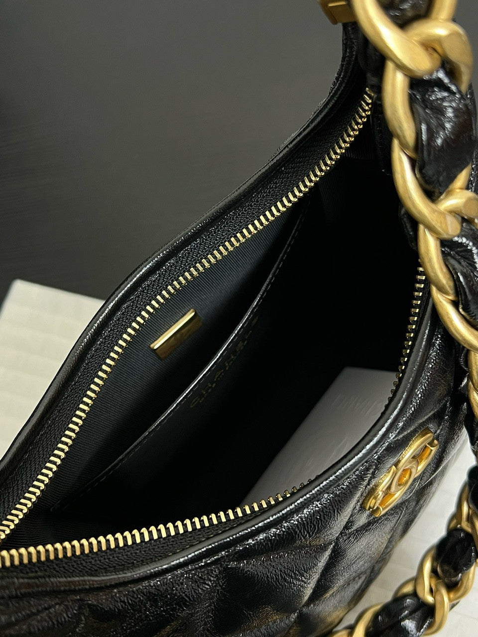 CHANEL SMALL HOBO BAG Black Shiny Lambskin