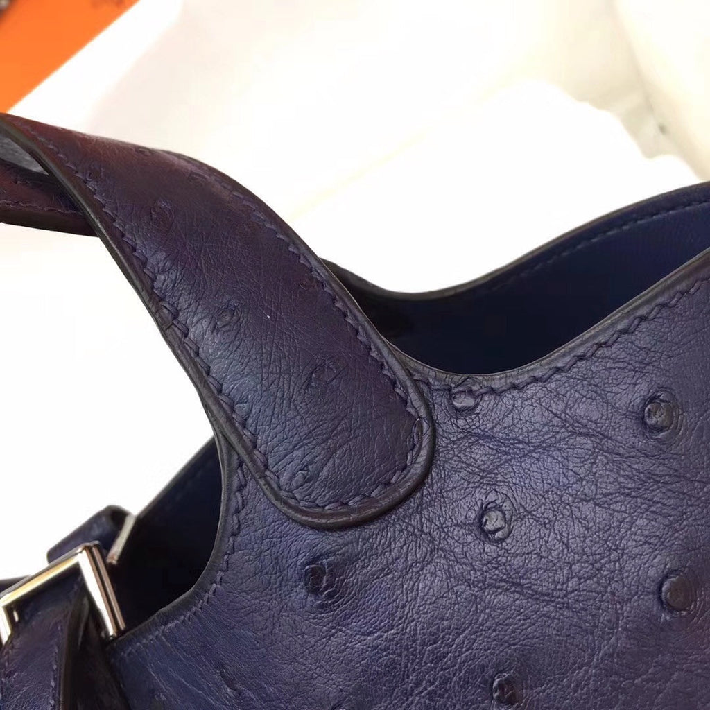 Hermes Navy Picotin Lock 18 Ostrich Leather Bag