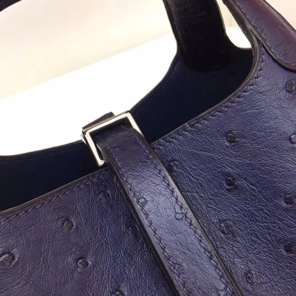 Hermes Navy Picotin Lock 18 Ostrich Leather Bag