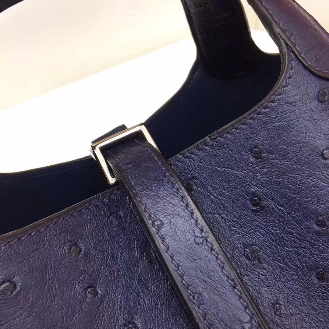 Hermes Navy Picotin Lock 18 Ostrich Leather Bag