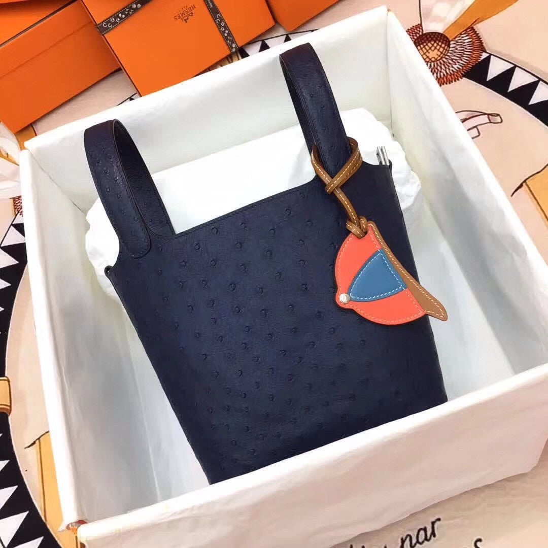 Hermes Navy Picotin Lock 18 Ostrich Leather Bag