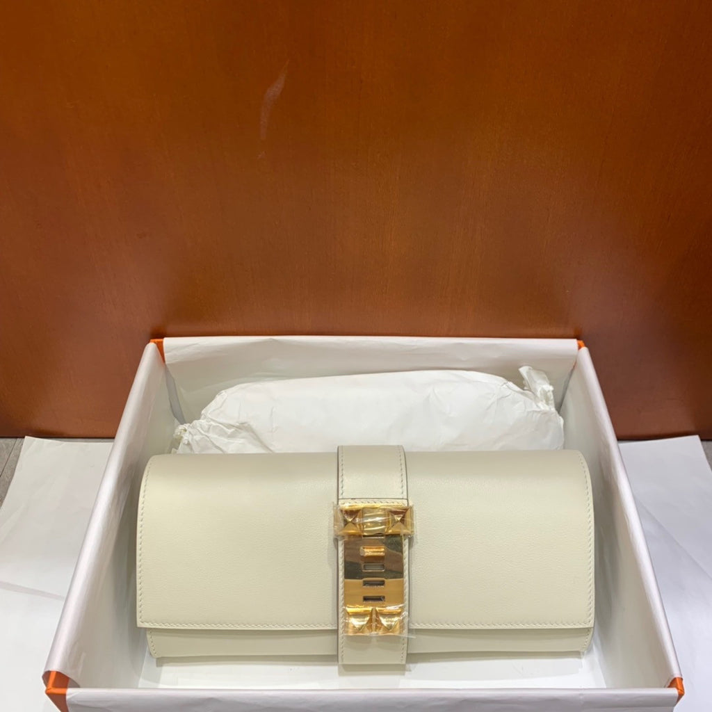 HERMES 23cm Craie Swift Leather Gold Plated Medor Clutch Bag