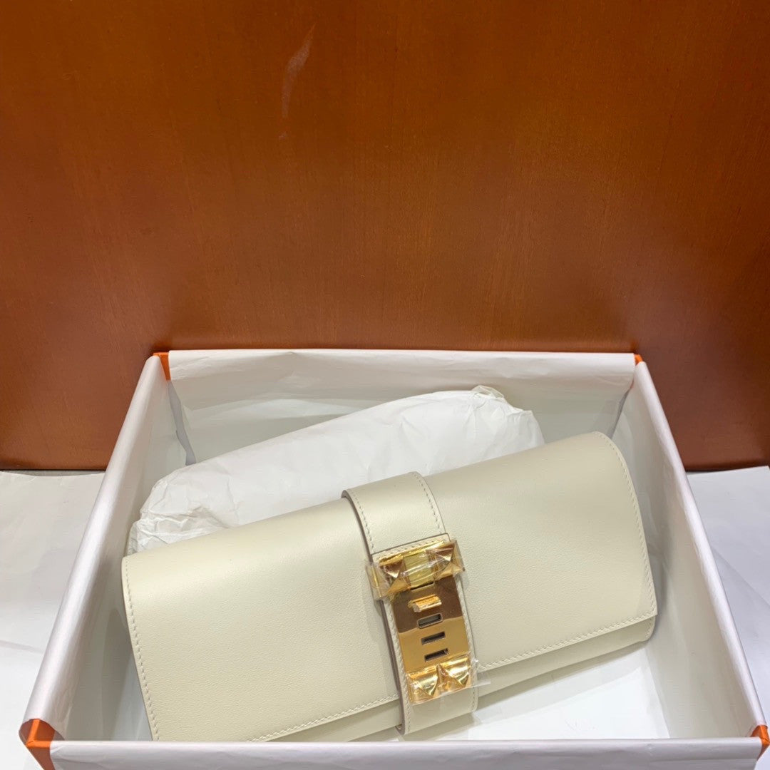 HERMES 23cm Craie Swift Leather Gold Plated Medor Clutch Bag