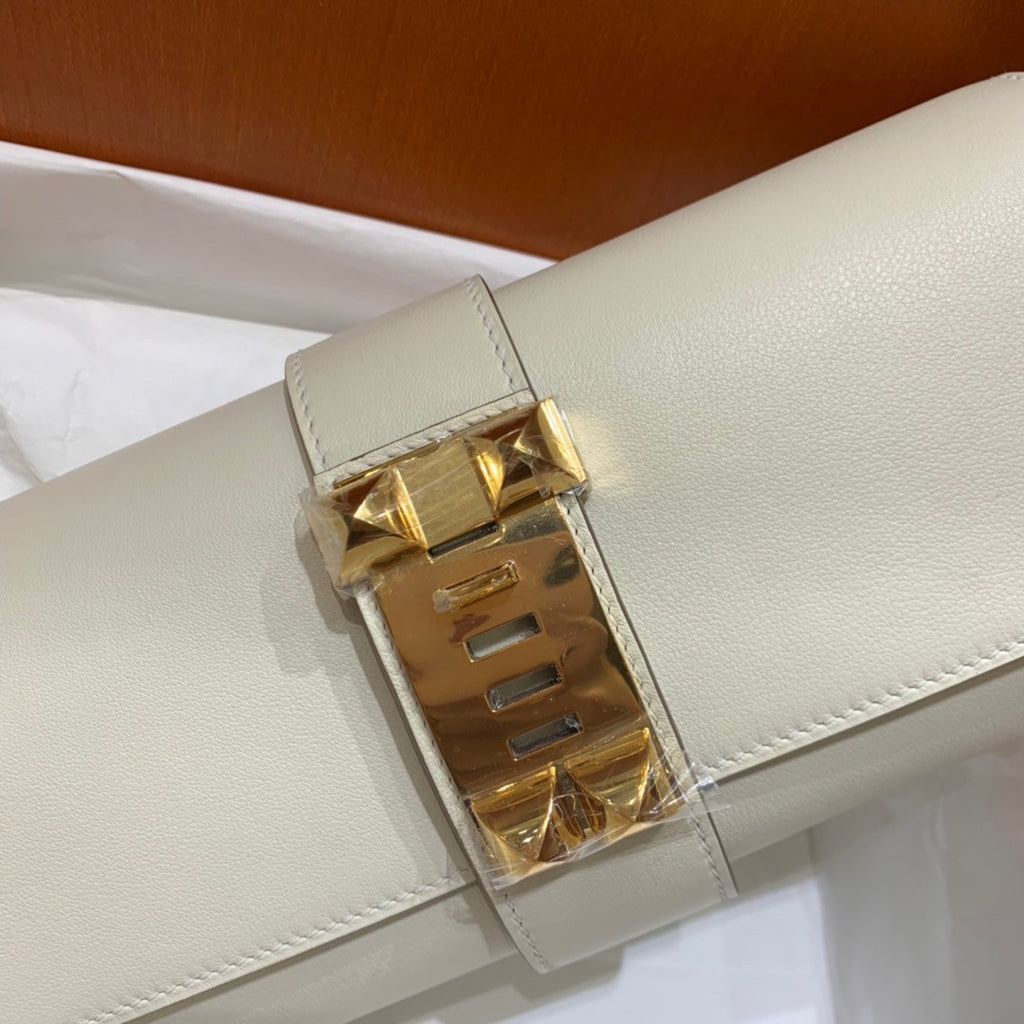 HERMES 23cm Craie Swift Leather Gold Plated Medor Clutch Bag