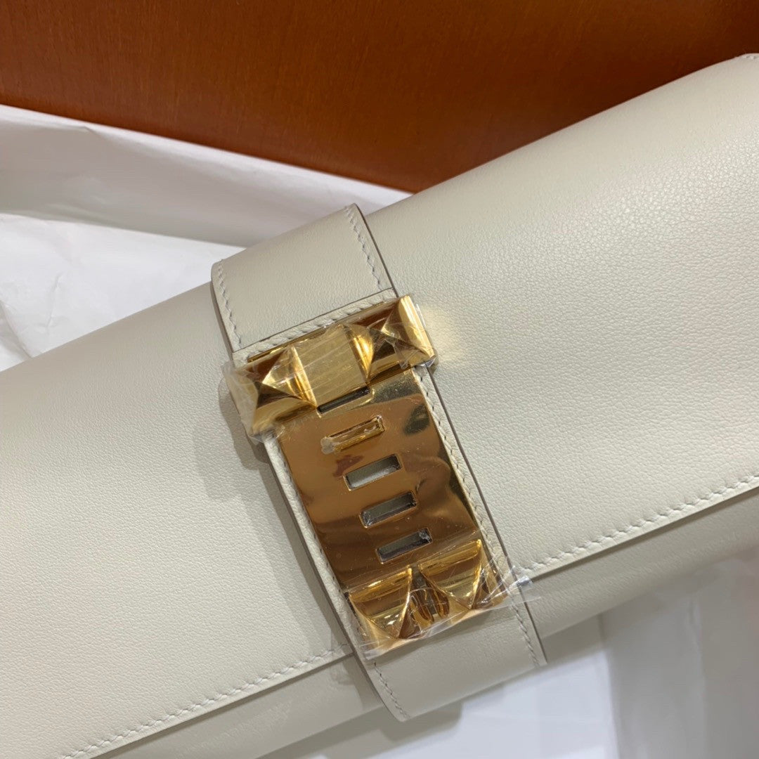 HERMES 23cm Craie Swift Leather Gold Plated Medor Clutch Bag