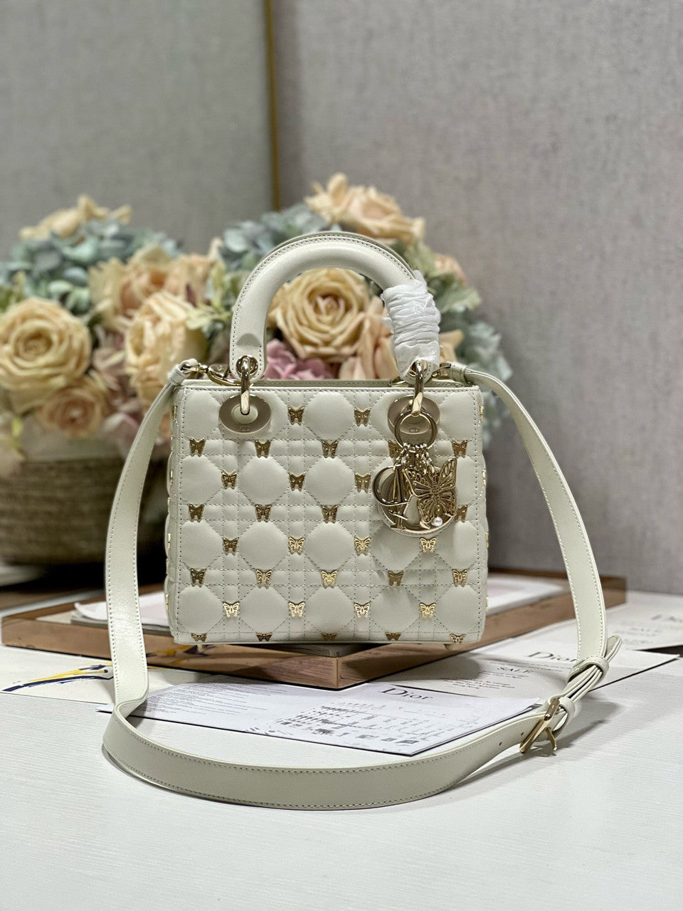 Christian Dior SMALL LADY DIOR BAG White Cannage Lambskin with Gold-Finish Butterfly Studs