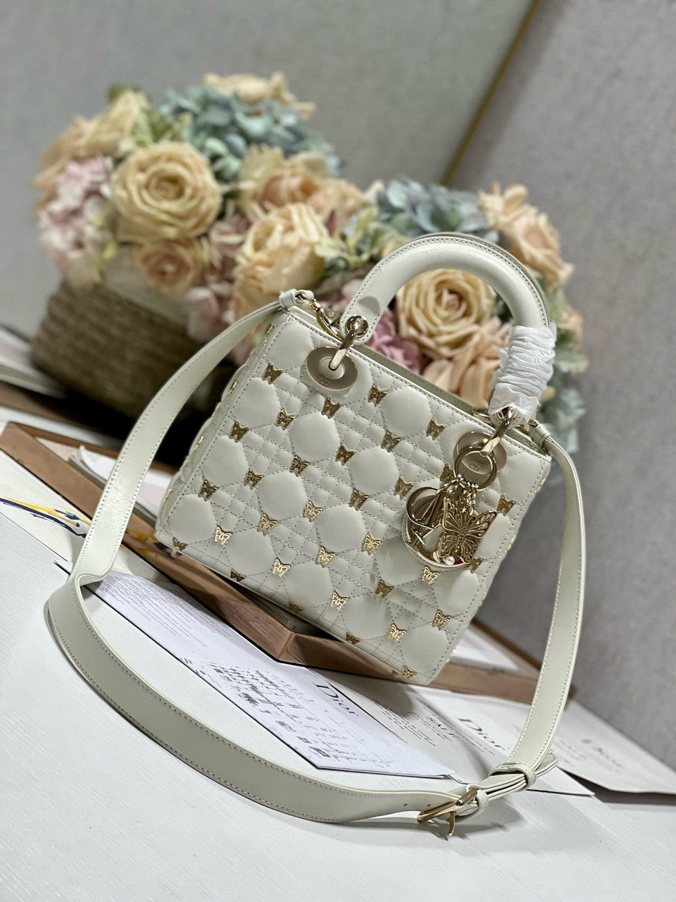 Christian Dior SMALL LADY DIOR BAG White Cannage Lambskin with Gold-Finish Butterfly Studs
