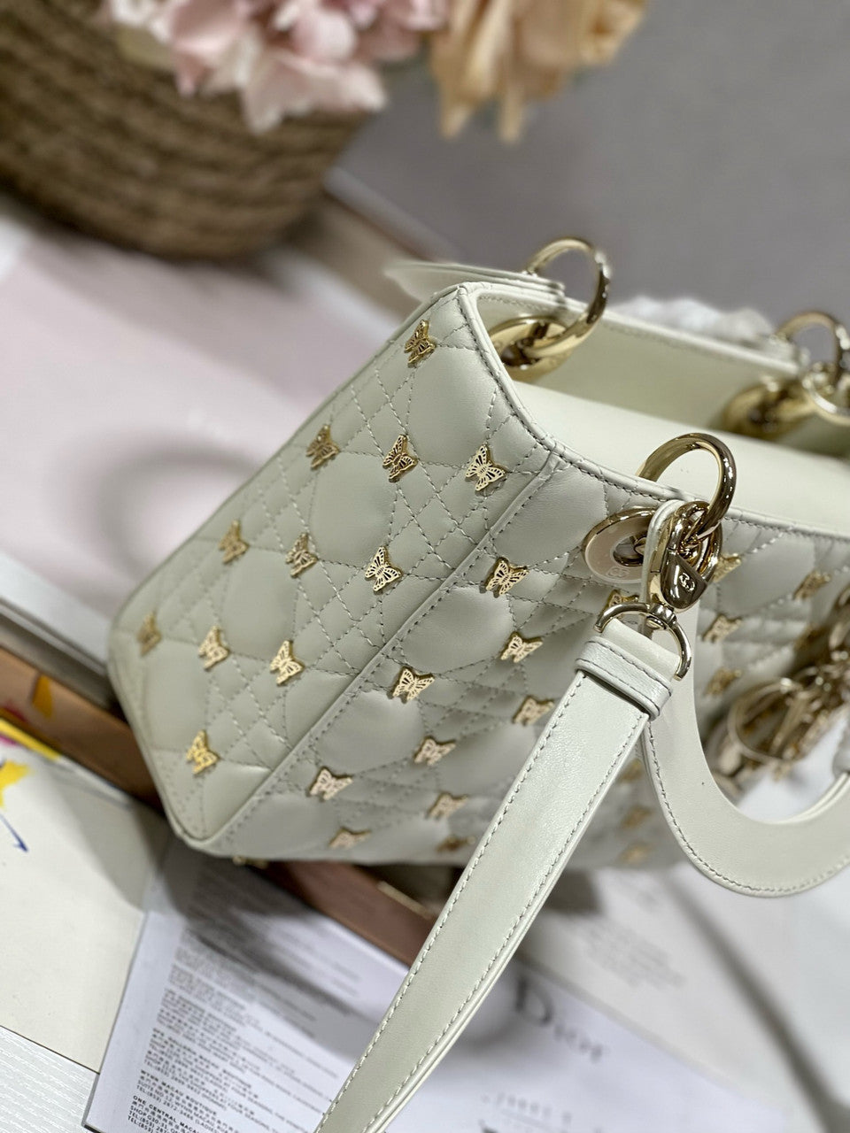 Christian Dior SMALL LADY DIOR BAG White Cannage Lambskin with Gold-Finish Butterfly Studs