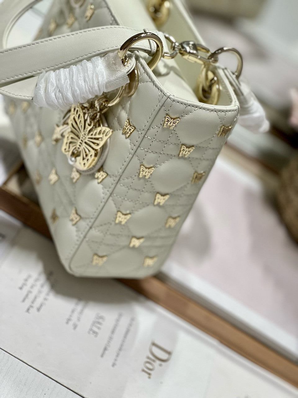 Christian Dior SMALL LADY DIOR BAG White Cannage Lambskin with Gold-Finish Butterfly Studs