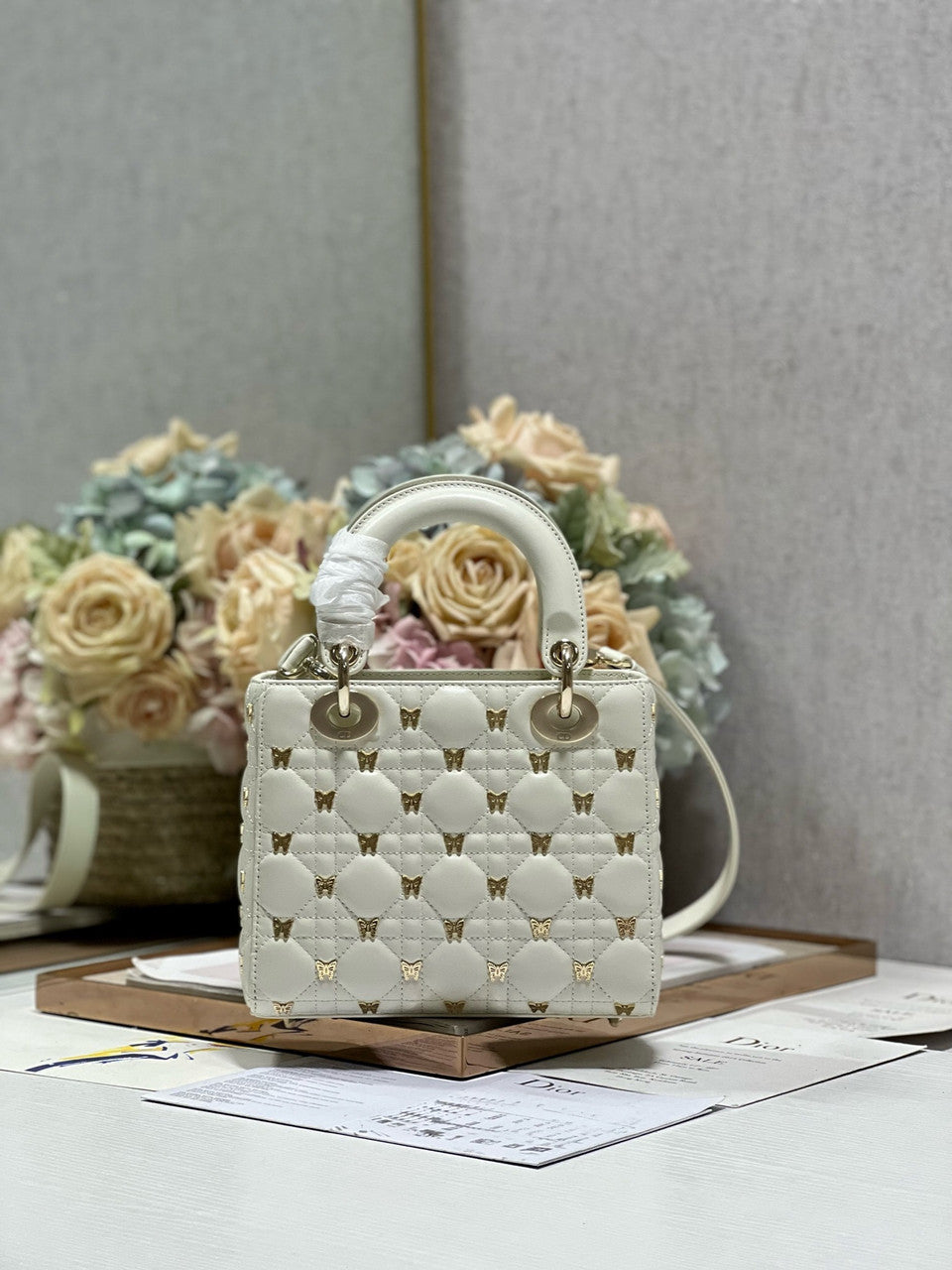 Christian Dior SMALL LADY DIOR BAG White Cannage Lambskin with Gold-Finish Butterfly Studs