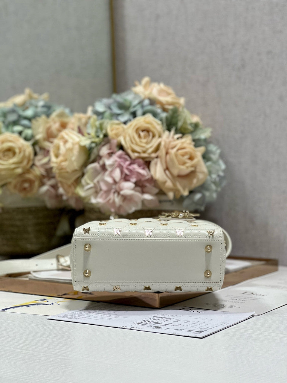 Christian Dior SMALL LADY DIOR BAG White Cannage Lambskin with Gold-Finish Butterfly Studs