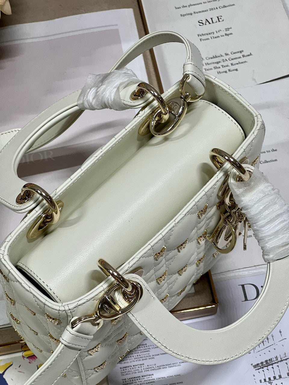 Christian Dior SMALL LADY DIOR BAG White Cannage Lambskin with Gold-Finish Butterfly Studs