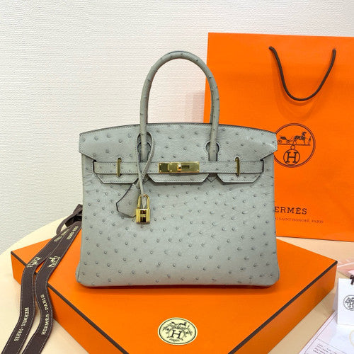 Hermes Gris Mouette Birkin Bag 30cm KK Ostrich Leather Gold Hardware