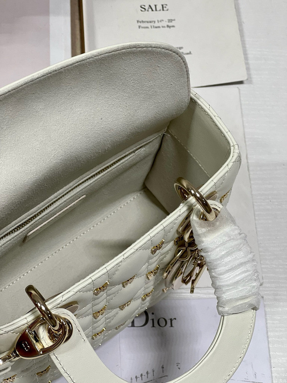 Christian Dior SMALL LADY DIOR BAG White Cannage Lambskin with Gold-Finish Butterfly Studs