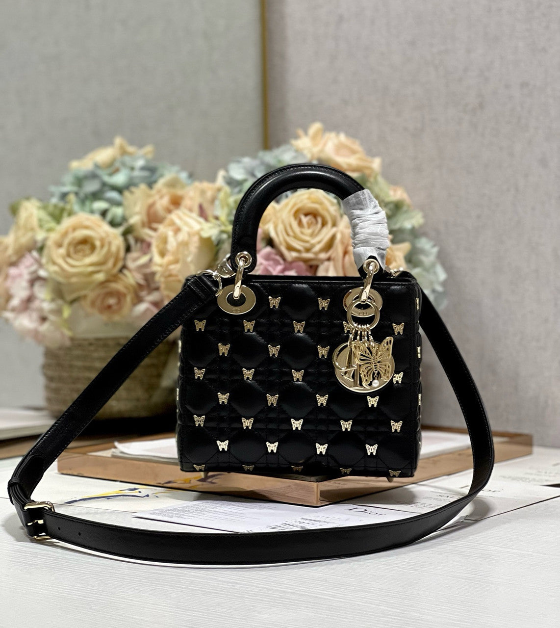 Christian Dior SMALL LADY DIOR BAG Black Cannage Lambskin with Gold-Finish Butterfly Studs