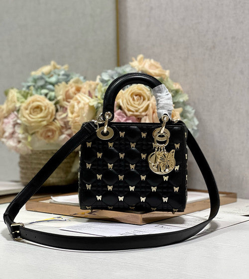 Christian Dior SMALL LADY DIOR BAG Black Cannage Lambskin with Gold-Finish Butterfly Studs