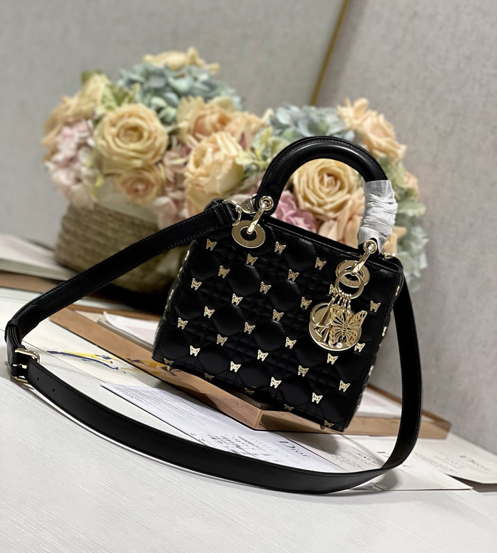 Christian Dior SMALL LADY DIOR BAG Black Cannage Lambskin with Gold-Finish Butterfly Studs