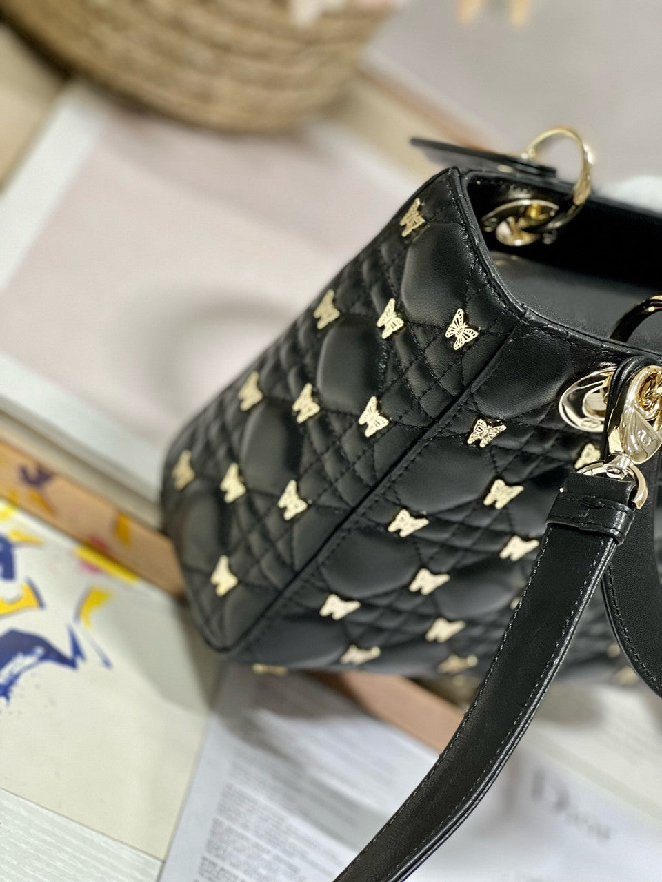 Christian Dior SMALL LADY DIOR BAG Black Cannage Lambskin with Gold-Finish Butterfly Studs