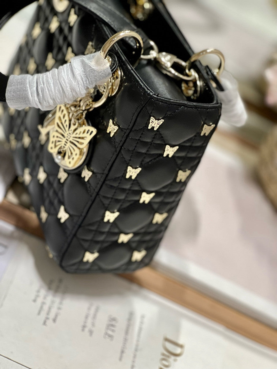 Christian Dior SMALL LADY DIOR BAG Black Cannage Lambskin with Gold-Finish Butterfly Studs