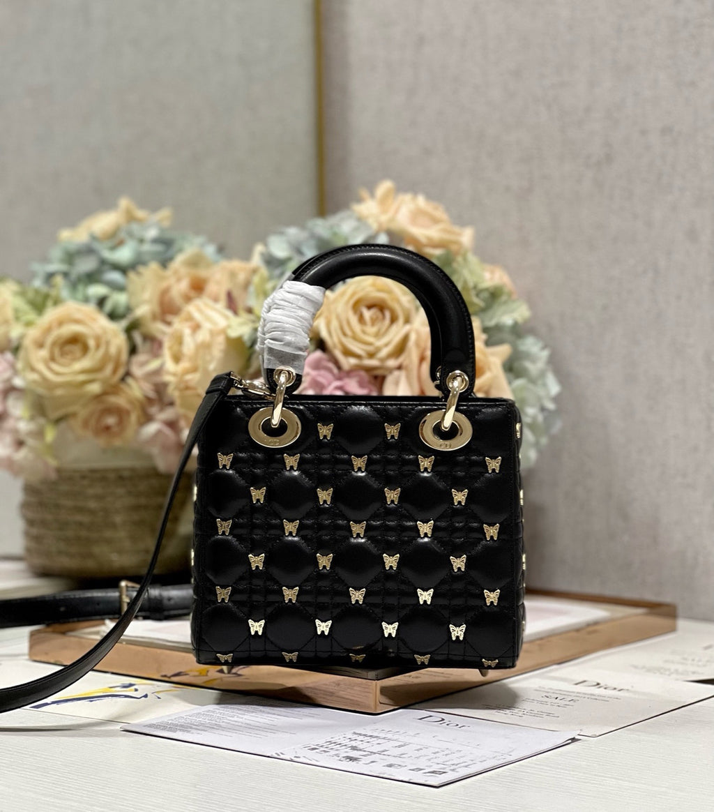 Christian Dior SMALL LADY DIOR BAG Black Cannage Lambskin with Gold-Finish Butterfly Studs