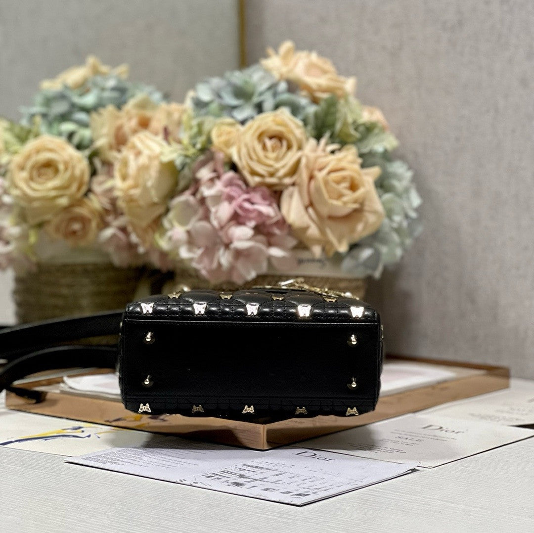 Christian Dior SMALL LADY DIOR BAG Black Cannage Lambskin with Gold-Finish Butterfly Studs