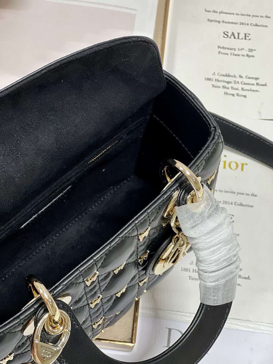 Christian Dior SMALL LADY DIOR BAG Black Cannage Lambskin with Gold-Finish Butterfly Studs